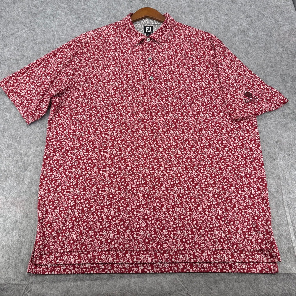 FootJoy Mens 2XL Red Floral Lisle Golf Polo Shirt Fossil Creek Logo Short Sleeve